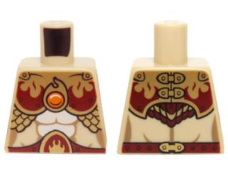 Lego Torso Female with Dark Red and Gold Armor with Scales and Orange Round Jewel (Fire Chi) Pattern / Tan