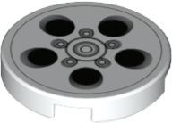 Lego Tile, Round 2 x 2 with Bottom Stud Holder with Alloy Wheel with Black and Silver Circles Pattern / White
