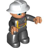 Lego Duplo Figure with Fireman Helmet White, Black Legs, Nougat Face and Hands, Pink Lips and Blue Eyes Print / Black