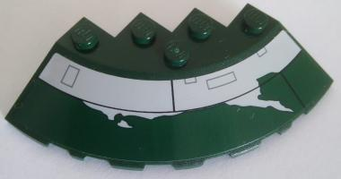 Lego Brick, Round Corner 6 x 6 with Slope 33 Edge, Facet Cutout with SW Slave I Light Bluish Gray Stripe, Dark Green Rectangles and Peeling Paint Pattern (Sticker) - Set 75060 / Dark Green
