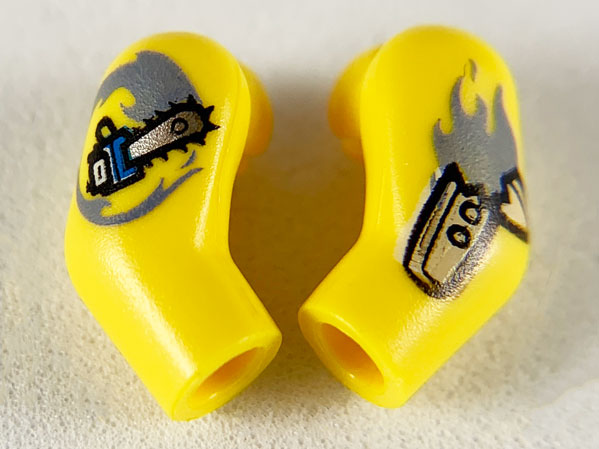 Lego Arm, (Matching Left and Right) Pair with Surfboard and Chainsaw Pattern / Yellow