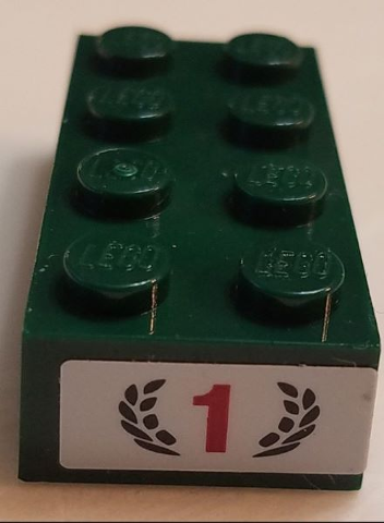 Lego Brick 2 x 4 with Red Number 1 and Dark Green Laurel Wreath Pattern on End (Sticker) - Set 75881