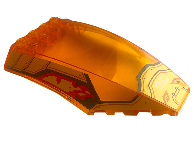 Lego Windscreen 10 x 6 x 2 Curved with Red Flames, Gold Armor, Black Border, and White Symbols Pattern (Stickers) - Set 71773 / Trans-Orange