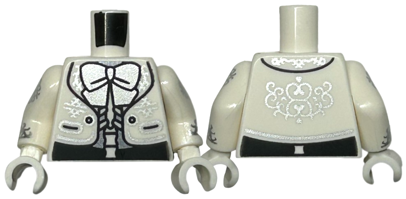 Lego Torso Jacket with Black Buttons, Pockets, Silver Filigree and Bow over Skeleton Torso Pattern / White Arms with Silver Filigree Pattern / White Hands