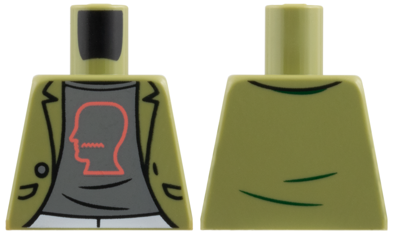 Lego Torso Jacket Open with Pockets and Button over Dark Bluish Gray Shirt with Coral Head Outline Pattern / Olive Green