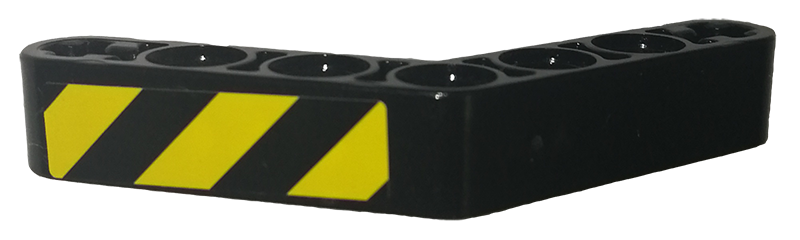 Lego Technic, Liftarm, Modified Bent Thick 1 x 7 (4 - 4) with Black and Yellow Danger Stripes Pattern 1 (Sticker) - Set 9397 / Black