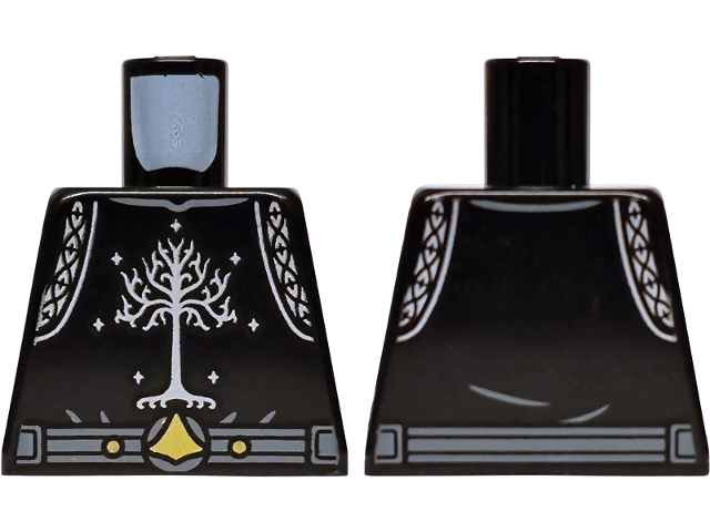 Lego Torso Armor with Silver Hem, Stars and Tree with Roots (White Tree of Gondor), Dark Bluish Gray Belt with Rivets and Gold Buckle Emblem Pattern / Black