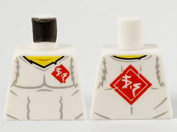 Lego Torso Shirt with Muscles Outline, Torn Collar, Yellow Neck, and Red Diamond with Ninjago Logogram 'VS' Pattern / White