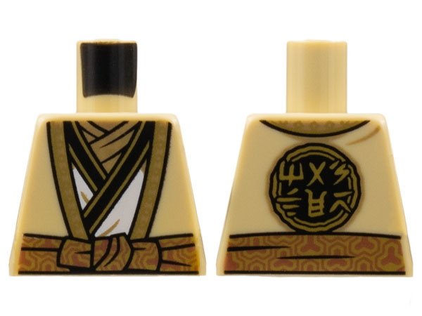 Lego Torso Robe with Gold Hems, White Tunic, Dark Tan Scarf, Copper Sash, Ninjago Logogram 'MASTER' on Back Pattern / Tan