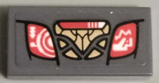 Lego Tile 1 x 2 with Control Panel with Gold Buttons, White Radar and Triangles on Coral Screen Pattern (Sticker) - Set 76237 / Dark Bluish Gray