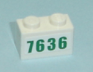 Lego Brick 1 x 2 with Green '7636' Pattern (Sticker) - Set 7636 / White