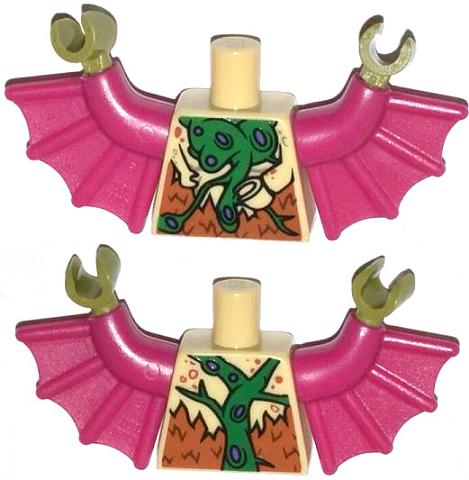 Lego Torso Bat with Vestigial Minifigure Arms, Green and Purple Vein and Dark Orange Fur Pattern / Magenta Arms with Wings / Olive Green Hands