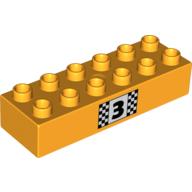 Lego Duplo Brick 2 x 6, with Number 3 and Black and White Checkered Print / Bright Light Orange