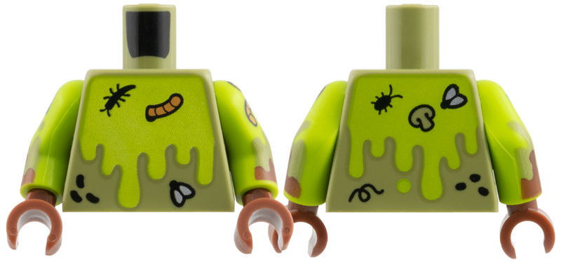 Lego Torso Black Insects, Nougat Worm, Lime Slime Pattern / Lime Arms with Olive Green and Reddish Brown Mud, Fly, Worm Pattern / Reddish Brown Hands