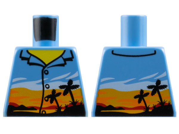 Lego Torso Shirt with Buttons and Tropical Sunset with Bright Light Orange Sky and Black Palm Trees, Yellow Neck Pattern / Medium Blue