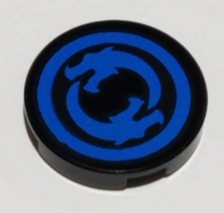 Lego Tile, Round 2 x 2 with Bottom Stud Holder with Solid Blue Circle Border with Circling Dragons Pattern