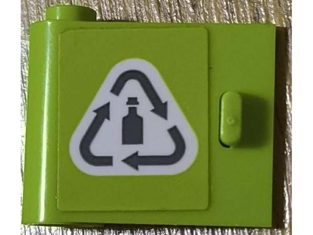 Lego Door 1 x 3 x 2 Left - Open Between Top and Bottom Hinge with Recycling Arrows and Bottle on White Background Pattern (Sticker) - Set 60386
