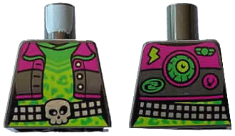 Lego Torso Female Short Jacket Open with Buttons and Magenta Collar over Lime Shirt with Bright Green Rosettes, Silver Studded Belt with Skull Buckle, Monster Eye and Patches on Back Pattern / Pearl Dark Gray
