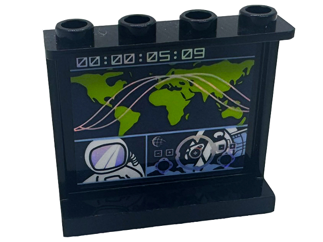 Lego Panel 1 x 4 x 3 with Side Supports - Hollow Studs with Lime World Map, Iridescent Mirrored Satellite Trajectory, '00:00:05:09' and White Astronaut Pattern (Sticker) - Set 41713