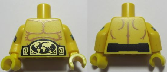 Lego Torso Bare Chest with Muscles Outline and Belt Buckle with Gold World Map Pattern / Yellow Arms with Medium Azure and Dark Purple Stripes Pattern / Yellow Hands