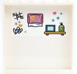 Lego Panel 1 x 6 x 5 with 'HLC', Tic Tac Toe and Hearts Graffiti, Stars, Paper Towel Dispenser, Shelf with Photo Frame and Soap Bottle Pattern (Sticker) - Set 41682 / White