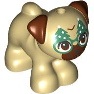 Lego Animal, Dog, Pug - Standing with Reddish Brown Eyes, Face and Ears, Christmas Tree Glasses Print (Dango) / Tan