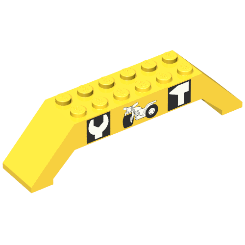 Lego Brick Sloped 45° 10 x 2 x 2 Double with Tools and Motorcycle Print / Yellow