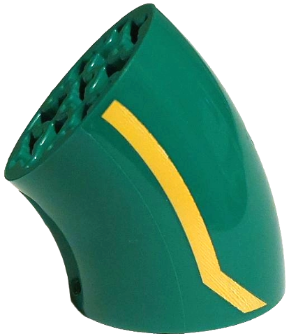 Lego Brick, Round 3 x 3 D. 45 degrees Elbow with Axle Holes with Yellow Bent Line Pattern on Both Sides (Pokémon Rayquaza Neck)