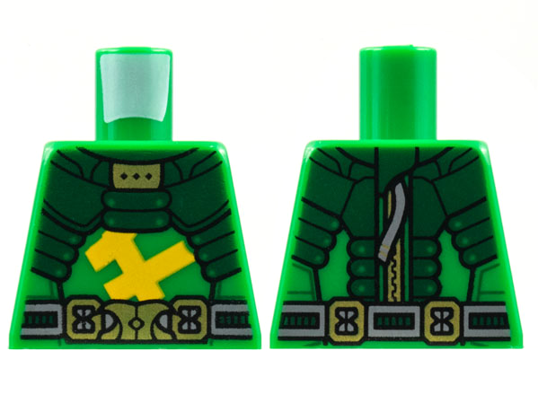 Lego Torso Dark Green Armor, Gold Buckle, Bright Light Orange Bars Pattern / Green