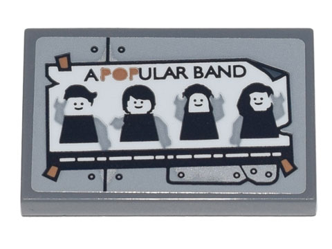 Lego Tile 2 x 3 with Poster of 'A POPULAR BAND' and 4 Minifigures over Silver Metal Plates and Rivets Pattern (Sticker) - Set 70840 / Dark Bluish Gray