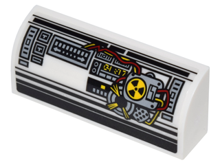 Lego Slope, Curved 1 x 4 x 1 1/3 with Control Panels, Red and Yellow Wires and Radioactivity Warning Pattern (Sticker) - Set 75828 / White