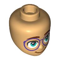 Lego Minidoll Head, Dark Tan Eyebrows, Dark Purple Glasses, Bright Light Blue Eyes / Warm Tan
