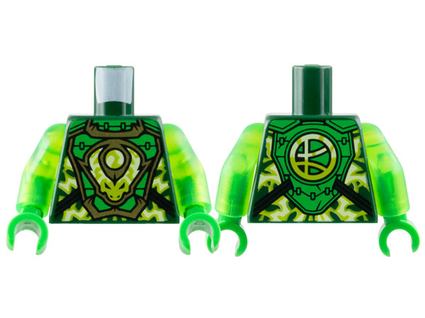 Lego Torso Armor Breastplate, Lime Electricity, Dragon Head and Orb, Logogram 'L' on Back Pattern / Trans-Bright Green Arms / Bright Green Hands