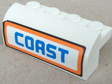 Lego Slope, Curved 2 x 4 x 1 1/3 with 4 Recessed Studs with 'COAST' Pattern (Sticker) - Set 7738 / White