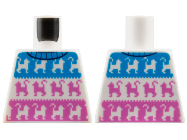 Lego Torso Sweater with Black Collar and Cats on Dark Azure and Dark Pink Panels Pattern / White
