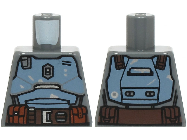 Lego Torso SW Mandalorian Sand Blue Beskar Armor Plates, Dark Brown Belt with Pouches with Black and Silver Buttons Pattern / Dark Bluish Gray