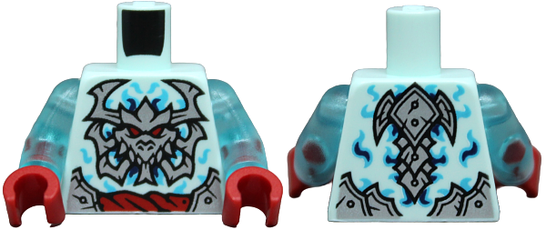 Lego Torso Silver Armor Plates, Dragon Skull with Horns and Red Eyes, Rope Belt, Medium Azure and Dark Blue Swirls Pattern / Trans-Light Blue Arms / Red Hands
