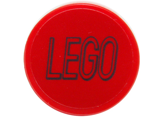 Lego Tile, Round 2 x 2 with Bottom Stud Holder with Black LEGO Logo Outline Squared Ends on Red Background Pattern (Sticker) - Set 76039
