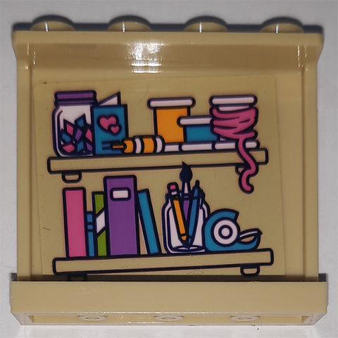 Lego Panel 1 x 4 x 3 with Side Supports - Hollow Studs with Butterfly on Outside and Shelves with Books and Craft Supplies Pattern on Inside (Stickers) - Set 41340 / Tan