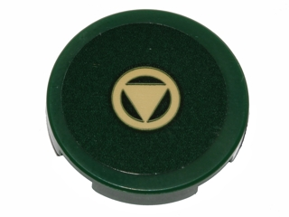 Lego Tile, Round 2 x 2 with Bottom Stud Holder with Tan Triangle in Circle Pattern (Sticker) - Set 75141 / Dark Green