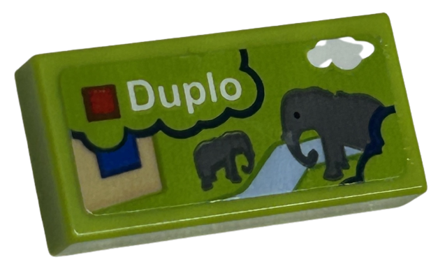 Lego Tile 1 x 2 with LEGO Duplo Set Box Art, Elephants, Cloud, and River Pattern (Sticker) - Sets 40528 / 40574 / Lime