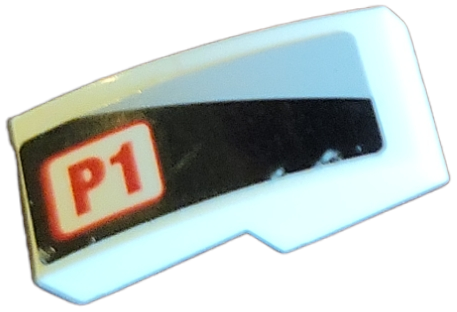 Lego Slope, Curved 2 x 1 x 2/3 with Light Bluish Gray Triangle and Red 'P1' on Black Background Pattern Model Right Side (Sticker) - Set 75872