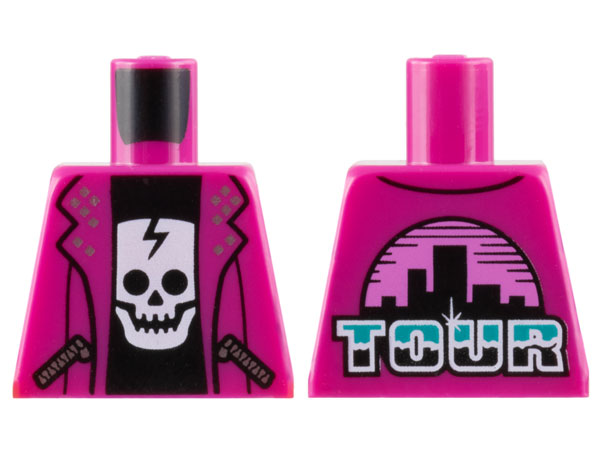 Lego Torso Jacket Open with Pockets with Silver Zippers over Black Shirt with White Cracked Skull, 'TOUR' and City Skyline on Back Pattern / Magenta