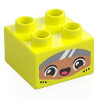 Lego Duplo Brick 2 x 2 with Race Driver, Nougat Face, Dark Bluish Grey Visor Print / Vibrant Yellow
