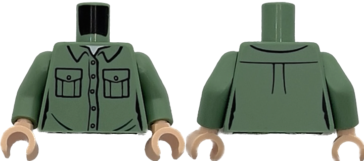 Lego Torso Female Shirt with Pockets and Buttons, White T-Shirt Pattern / Sand Green Arms / Light Nougat Hands