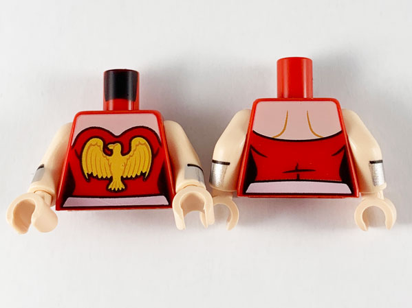 Lego Torso Female Strapless, Bright Light Orange Eagle, White Belt Pattern / Light Nougat Arms with Silver and Light Bluish Gray Cuffs / Light Nougat Hands