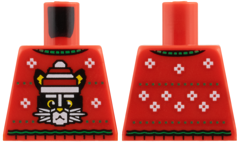 Lego Torso Knit Fair Isle Holiday Sweater, Green Collar and Stripes, Black Cat with Christmas Stocking Cap, White Snowflakes Pattern / Red