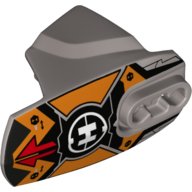 Lego Large Figure Limb Cover, Size 5, Armor with Ball Joint Socket with Red Arrows, Orange Markings, and Hero Factory Logo Print / Flat Silver