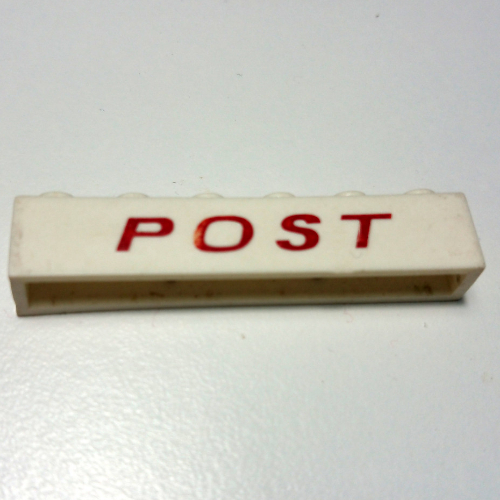 Lego Brick 1 x 6 with 'POST' Thin Italic Red Print / White
