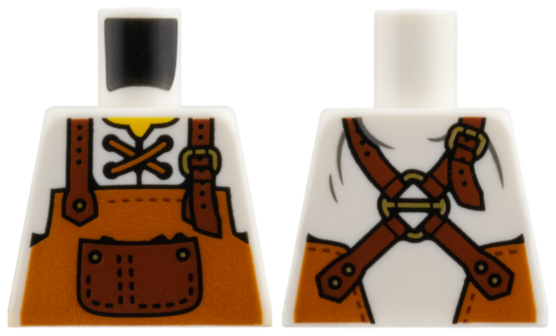 Lego Torso Shirt, Yellow Neck, Dark Orange Apron with Reddish Brown Straps and Pocket Pattern / White